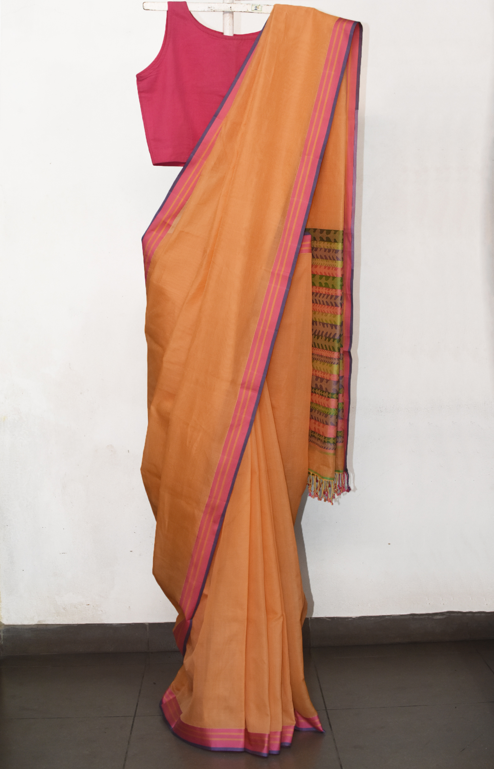 Orange, Handwoven Organic Cotton, Textured Weave , Jacquard, Work Wear, Saree